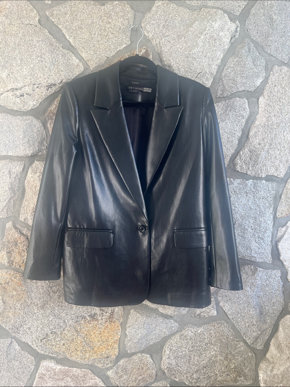 Alice + Olivia Black Denny Faux Leather Notch Collar Single-Button Blazer
